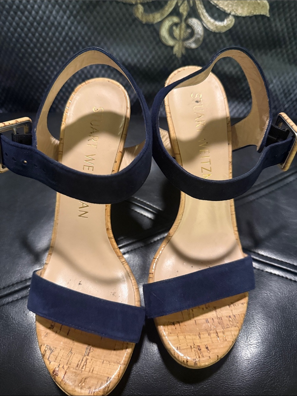 Stuart Weitzman Navy Suede Cork Heel Sandals with Ankle Strap